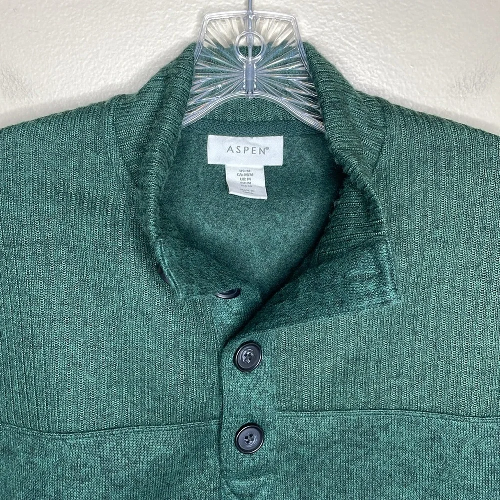 ASPEN Sweater Green Quarter Button Ski Outdoorsman Mock Neck Grandpa Preppy Med
